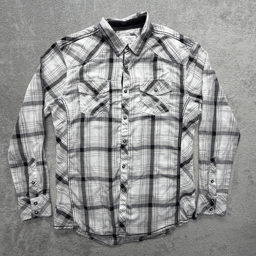 BKE Shirt Mens M Gray Plaid Athletic Fit Pearl Snap Long Sleeve Western Casual